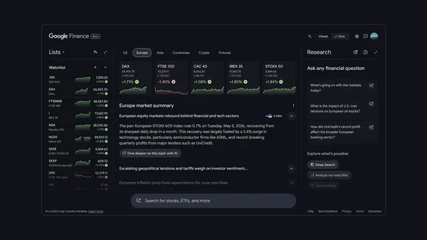 The new AI-powered Google Finance is expanding to Europe.